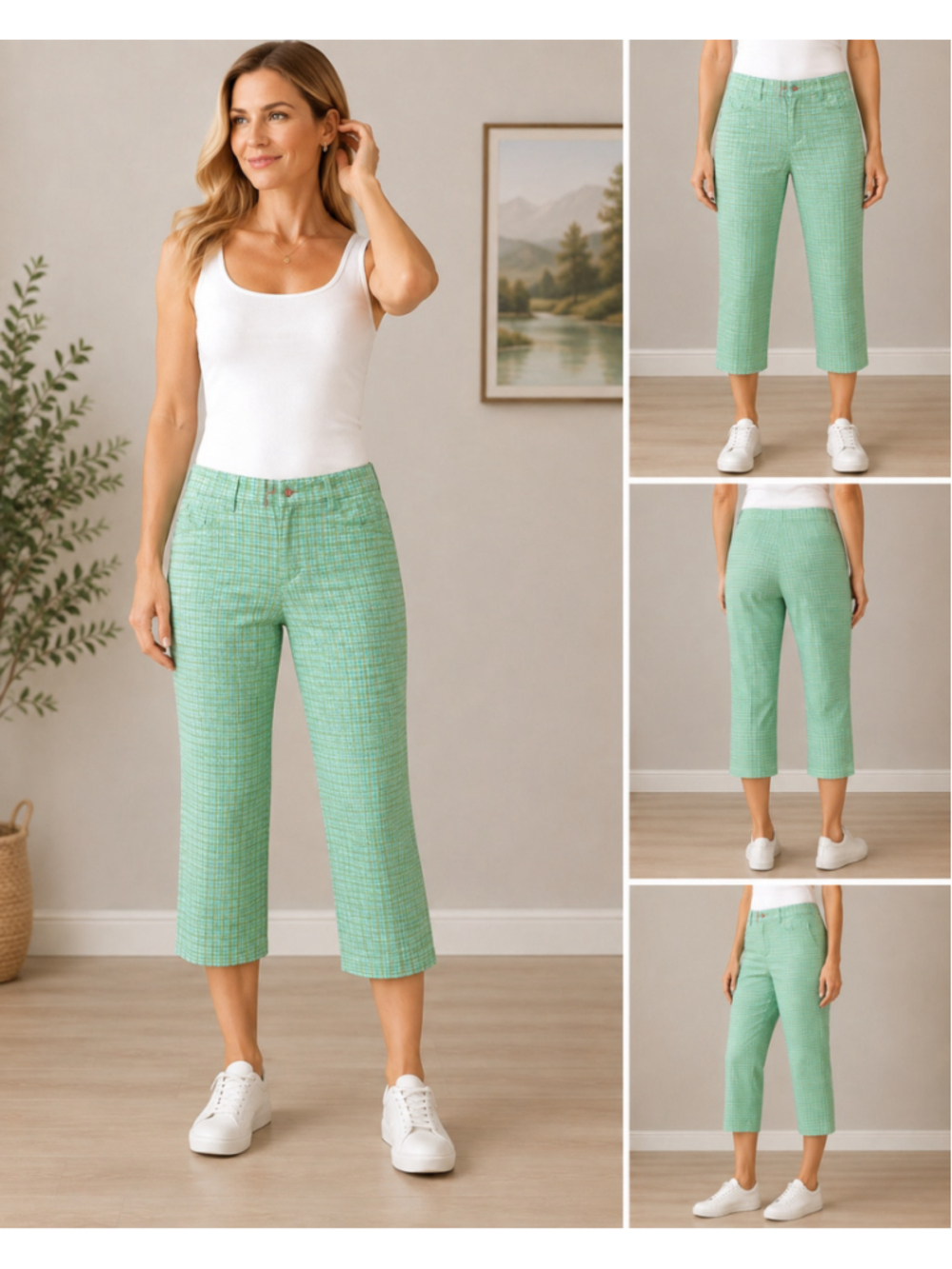 Women's E spirit ￼Cropped Pants Green White Gingham Check